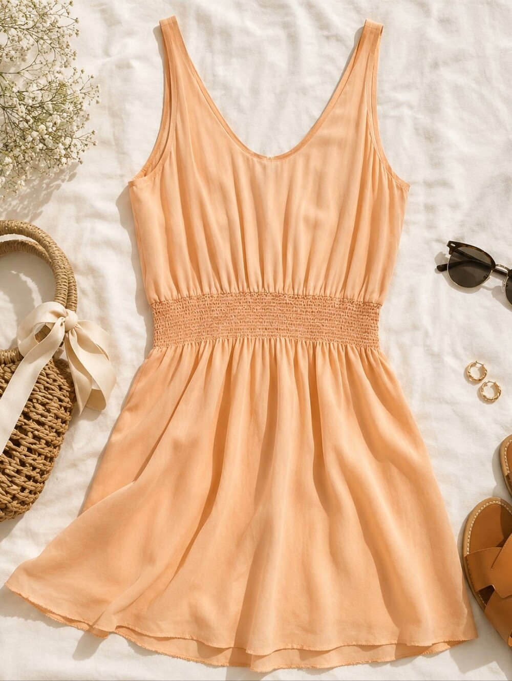 Babaton 100% Silk Peach Mini Dress Smocked Waist Flowy Summer Small